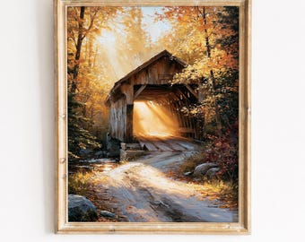 Rustieke overdekte brug herfst boslandschap afdrukbare muurkunst, gouden herfst bomen, vintage boerderij decor, digitale download 150