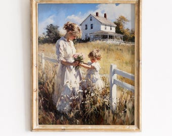 Druckbare Mutter Kind Wildblumen Feld Gemälde, Bauernhaus Sommer Herbst Wand Kunst, Rustikale Land Ernte Szene, digitaler Download 104