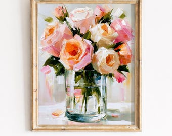 Pfirsich Rosenstrauß, weiche Blumenmalerei druckbare Wandkunst (Digitaler Download) 158