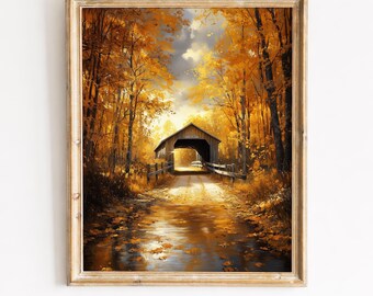 Rustieke herfst overdekte brug boslandschap - herfst bomen, humeurige lucht, vintage boerderij kunst aan de muur, afdrukbare digitale download 144