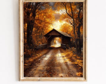 Rustieke overdekte brug herfst boslandschap afdrukbare muurkunst, herfst bos schilderij, humeurig cottage decor, digitale download 140