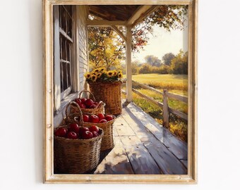 Bauernhaus Veranda Ernteszene - rote Äpfel Sonnenblumen Korb, goldenes Herbst Feld, rustikale Herbst Wandkunst, druckbare digitale Download 109