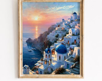 Vintage Santorini Meer Sonnenuntergang Gemälde - mediterrane Klippe Dorf, launischen warmen Sonnenuntergang Landschaft Kunst, printable digitaler Download 114