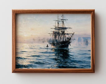 Großsegler Segelschiff in der Abenddämmerung - Vintage Maritime Meerlandschaft, launische Küstenmalerei, nautischer Kunst digitaler Download 127