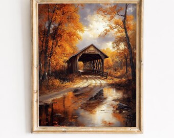 Rustieke overdekte brug herfst boslandschap - humeurige herfst schilderij, gouden bomen, landwegkunst, afdrukbare digitale download 139