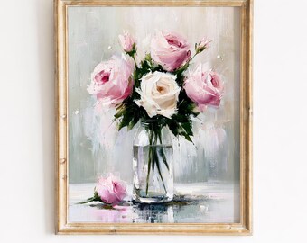 Weiche rosa weiße Rosen Glasvase druckbare Wandkunst (Digitaler Download) 159