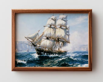 Großsegler Segeln raue Meere Gemälde - Stimmungsvolle Nautische Maritime Kunst, Vintage Seelandschaft, weiße Segelsturm, digitaler Download 124