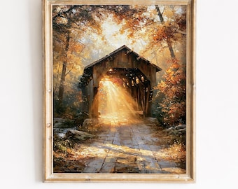 Rustieke overdekte brug herfstlandschap - gouden herfstgebladerte, bospad, vintage boerderij muurkunst, afdrukbare digitale download 146