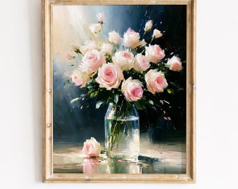 Weiche rosa Rosen in Glasvase, Vintage Blumenmalerei druckbare Wandkunst (Digitaler Download) 155