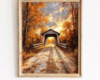 Rustieke overdekte brug herfstlandschap afdrukbare muurkunst, herfst bosscène, humeurig schilderij landweg, digitale download 143