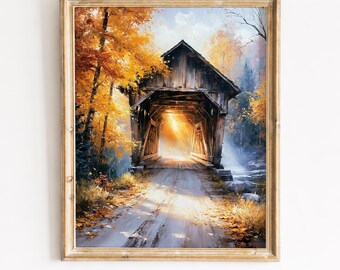 Afdrukbare rustieke herfst overdekte brugschildering - gouden herfst boslandschapskunst, gezellige boerderij wanddecoratie, digitale download