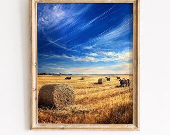 Erntefeld mit goldenen Heuballen und Rindern - Rustikale Herbst Landschaft auf dem Acker, Herbst Dekor, druckbare Herbst Landschaft, digitaler Download 105