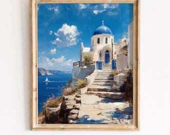 Griechische Inselkapelle mit Blauer Kuppel - Ägäis, Klippenmalerei am Meer, Mittelmeer-Malerei, Vintage-Reisen, druckbarer Download 117