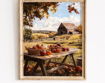 Rustikaler Bauernhof Erntetisch zum Ausdrucken - Herbst Kürbisse Äpfel Herbst Landschaft Kunst, Bauernhaus Dekor, Goldene Felder Scheune, digitaler Download 110