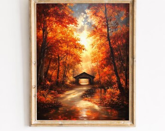 Afdrukbaar herfstbos bedekt bruglandschap - rustiek herfstpad, humeurige bosscène, vintage cottage muurkunst digitale download 138