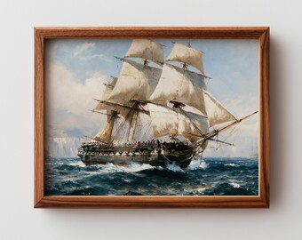 Vintage Großsegler Segel Gemälde - Stimmungsvolle Maritime Landschaft, Wasserwandkunst, Meereswellen, Küstendekor, digitaler Download 125