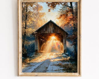 Rustieke overdekte brug herfstlandschap - herfstbos schilderij, gouden zonlicht, Cottagecore kunst aan de muur, afdrukbare digitale download 145