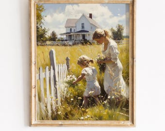 Druckbare Landhaus Frauen Wildblumen sammeln - Ländliche Sommer Landschaft, weisser Lattenzaun, goldene Felder, Cottagecore Wand Kunst Download 103