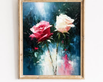 Stimmungsvolle Rose Malerei, dunkle Teal Blumen druckbare Wandkunst (Digitaler Download) 156