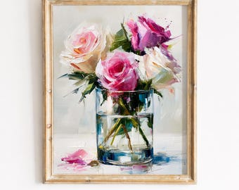 Vintage rosa Rosen in Glasvase, florale druckbare Wandkunst (Digitaler Download) 157