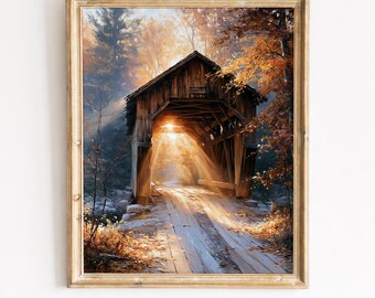 Rustieke overdekte brug herfstlandschap, herfstbos schilderij, gouden zonlicht, landschap van New England, afdrukbare digitale download kunst 152