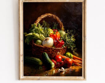 Weidenkorb Ernte Gemüse Druck - Stimmungsvoller Herbst Stillleben, Rustikale Bauernhaus Kunst, Vintage druckbare Wanddekoration, digitaler Download 101
