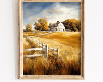 Rustikale weiße Scheune Herbsternte Landschaft zum Ausdrucken - Goldener Herbst Felder, Bauernhaus Wandkunst, Vintage ländliche Malerei, digitaler Download 106