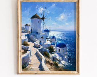 Griechische Insel Windmühle mit blauen Kuppeln - Ägäische Klippe Dorf, Mittelmeer Landschaft Malerei, printable Digital Download 119