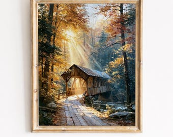 Rustieke overdekte brug herfstboslandschap - gouden herfstbomen, gezellige cottage-scène, vintage schilderij, afdrukbare muurkunst downloaden 147