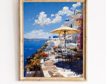 Santorini Terrasse Café mit Bougainvillea - Mediterrane Klippe Meer Gemälde, Küstendorf Kunst, druckbarer digitaler Download 122