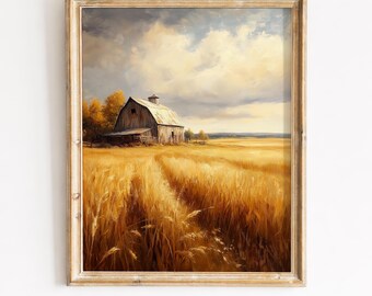 Rustikale Scheune im goldenen Weizenfeld Herbst Ernte Landschaft Malerei Druckbare Vintage Bauernhaus Wand Kunst Digital Download 107