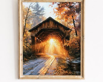 Rustieke overdekte brug herfstlandschap afdrukbare muurkunst, gouden herfstlicht, schilderij New England land, digitale download 153