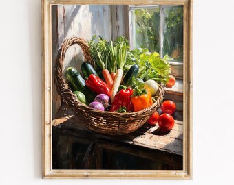 Weidenkorb Ernte Gemüse Stillleben Gemälde, rustikale Bauernhaus Küche Kunst, Herbst Garten produzieren, printable digitaler Download 102