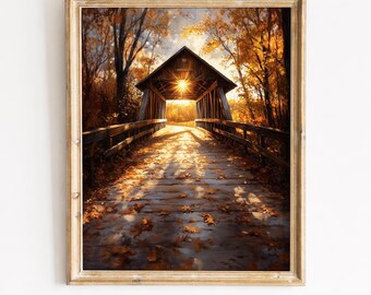 Rustieke overdekte brug in herfstbos - herfstlandschap afdrukbare muurkunst, warm gouden licht, Cottagecore-decor, digitale download 142