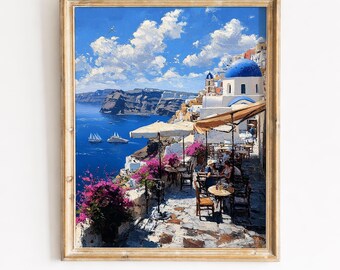 Küste Santorini Café-Terrasse mit Rosa Bougainvillea - Ägäis Klippen Kirche, Mittelmeer Gemälde, printable Download 123