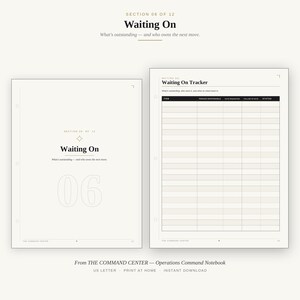 May include: Two white pages from a planner titled Waiting On. The left page features the number 06 and the text What's outstanding—and who owns the next move. The right page contains a Waiting On Tracker table with columns for item, person responsible, date requested, follow up date, and status.