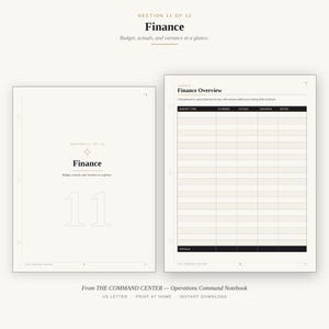 May include: A two-page digital planner layout for finance tracking. The left page features the text Section 11 of 12, Finance, and the number 11. The right page displays a Finance Overview table with columns for Budget Item, Planned, Actual, Variance, and Notes.