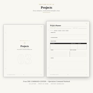May include: A two-page project planner layout featuring a section divider page titled Projects with the number 03, and a detailed Project Planner page with fields for objective, stakeholders, milestones, risks, next actions, and notes.