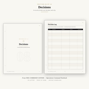 May include: Two pages from a planner titled Decisions, Section 08 of 12. The left page features the section title and number 08. The right page contains a Decision Log table with columns for date, decision, reason, impact, and follow up.