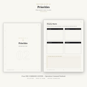 May include: A two-page planner layout titled Priorities, Section 02 of 12. The left page features the number 02. The right page contains a Priority Matrix with sections for Do First, Schedule, Delegate, Eliminate, and The One Thing That Matters Most.