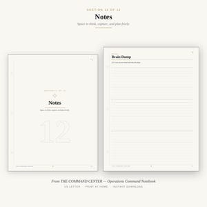 May include: Two white notebook pages with black text. The left page is titled Notes with the number 12. The right page is titled Brain Dump with horizontal lines for writing. Both pages feature three circular punch holes along the left margin.