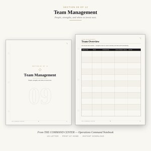May include: Two pages from a Team Management section of a notebook. The left page features the text Section 09 of 12, Team Management, and a large number 09. The right page shows a Team Overview table with columns for employee, role, strengths, development areas, and notes.