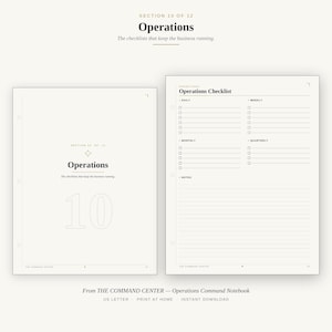 May include: Two white pages from an Operations Command Notebook. The left page is a section divider labelled Section 10 of 12 Operations with the number 10. The right page is an Operations Checklist with sections for daily, weekly, monthly, and quarterly tasks.