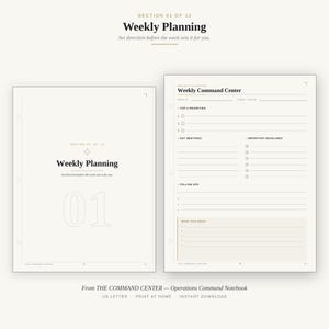 May include: Two white planner pages with black text. The left page is a title page labelled Weekly Planning Section 01 of 12. The right page is a Weekly Command Center layout with sections for Top 3 Priorities, Key Meetings, Important Deadlines, and Follow Ups.