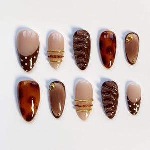 Bangle Stacks Nails/Fall Nails/Tortoise Shell nails/Tortoise Press on nails long almond nails/Leopard Nails/3D Gold Chrome Nails/Brown Nails