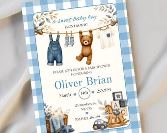 Blue Teddy Bear Baby Shower Invitation, Boho Bear Boy (Digital Download)