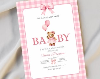 Girl Baby Shower Invitation, Watercolor Bear, Pink Coquette Template (Digital Download)