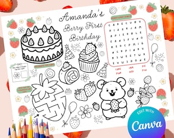 Berry First Activity Placemat, Editable Party Colouring, Digital Download