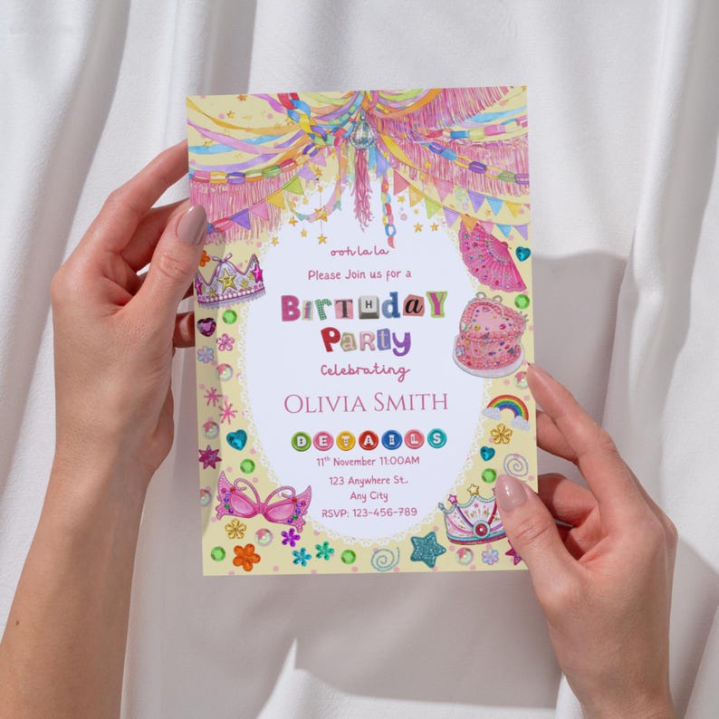 A whimsical Fancy Nancy–inspired birthday invitation held in two hands, bursting with colorful glitter‑like details, sparkling crowns, bright hearts, stars, rainbows, and festive confetti. The playful pink and pastel design feels magical and glamorous, with bold, fancy lettering celebrating Olivia Smith’s party in a joyful, imaginative style.