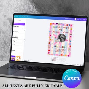 A laptop screen shows a bright, playful birthday invitation being edited in Canva. The design has pink stripes and a border filled with fun stickers like stars, hearts, rainbows, smiley faces, and flowers. A round black‑and‑white photo of a smiling child sits beside a cute birthday cake illustration. The layout is colorful, crafty, and whimsical, with text noting that all wording is fully editable.